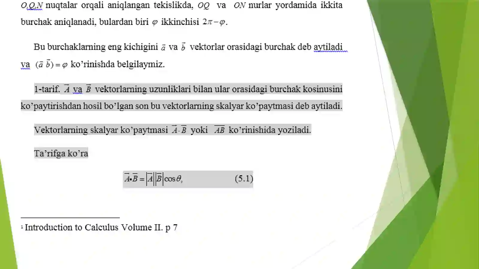 Vektorlarning skalyar va vektor ko’paytmasi 3