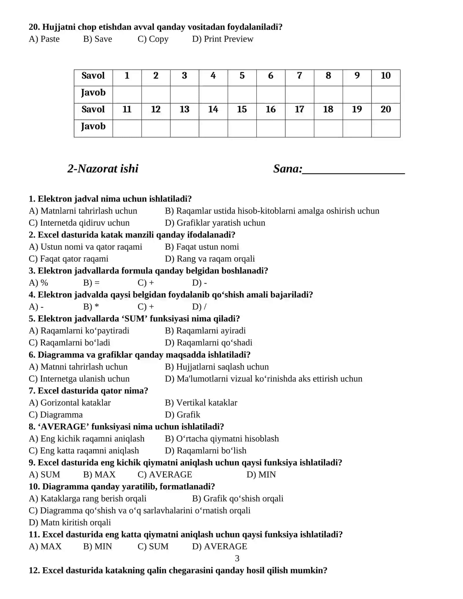 Informatika fanidan nazorat ishlari 3