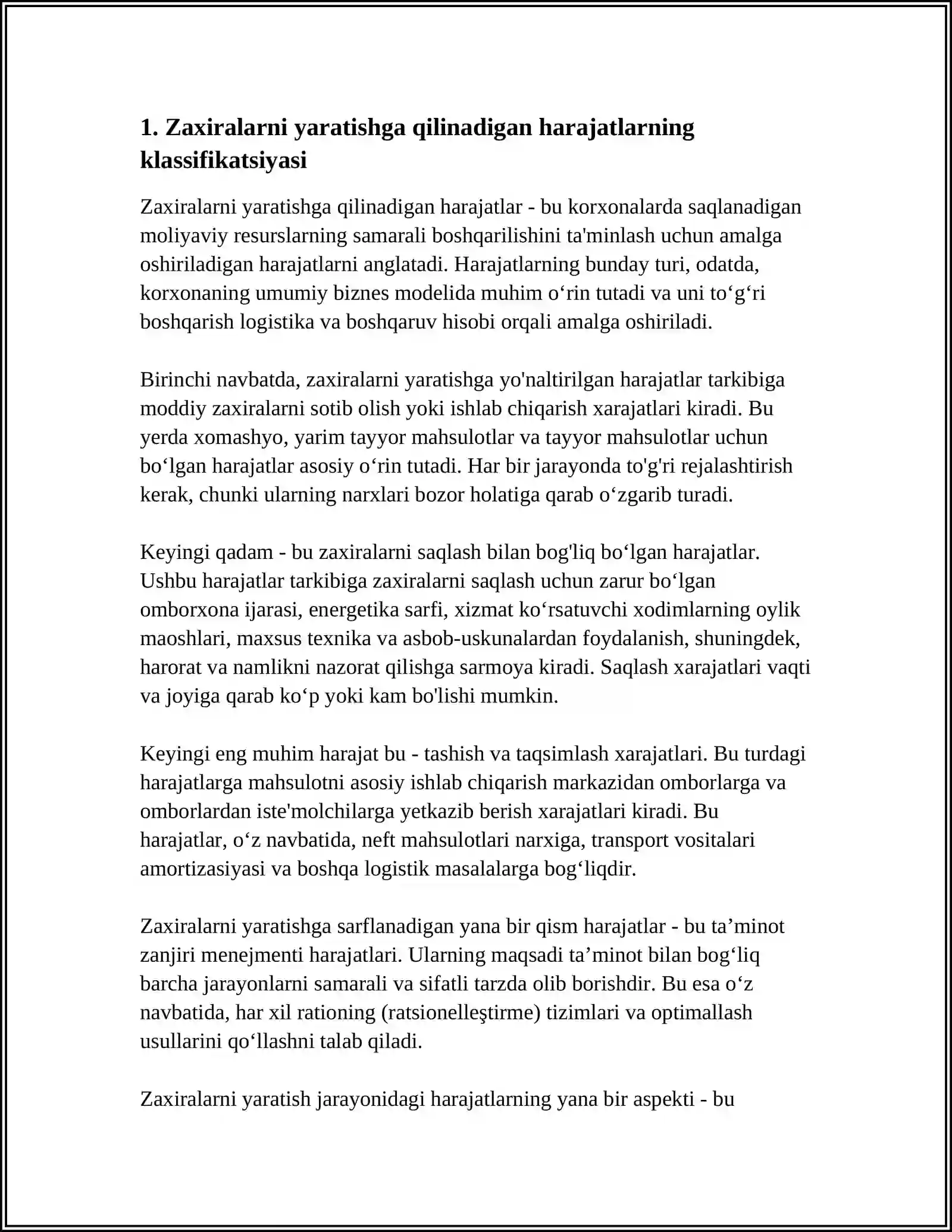ZAXIRALARNI YARATISHGA QILINADIGAN HARAJATLAR TARKIBI. LOGISTIK HARAJATLAR VA BOSHQARUV HISOBI 3