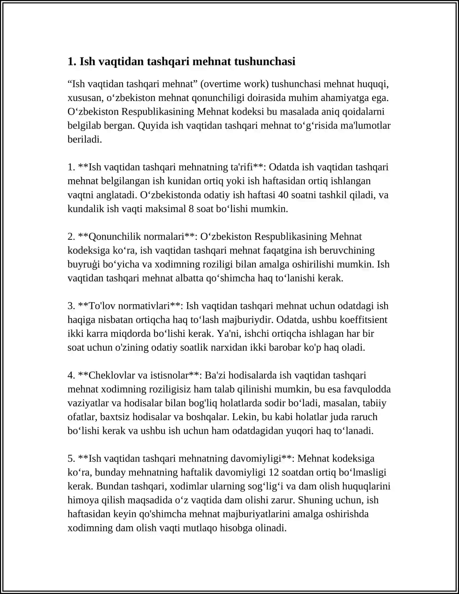 MUSTAQIL ISH Mavzu: ISH VAQTIDAN TASHQARI MEHNAT VA UNING HUQUQIY TARTIBGA SOLINISHI 3