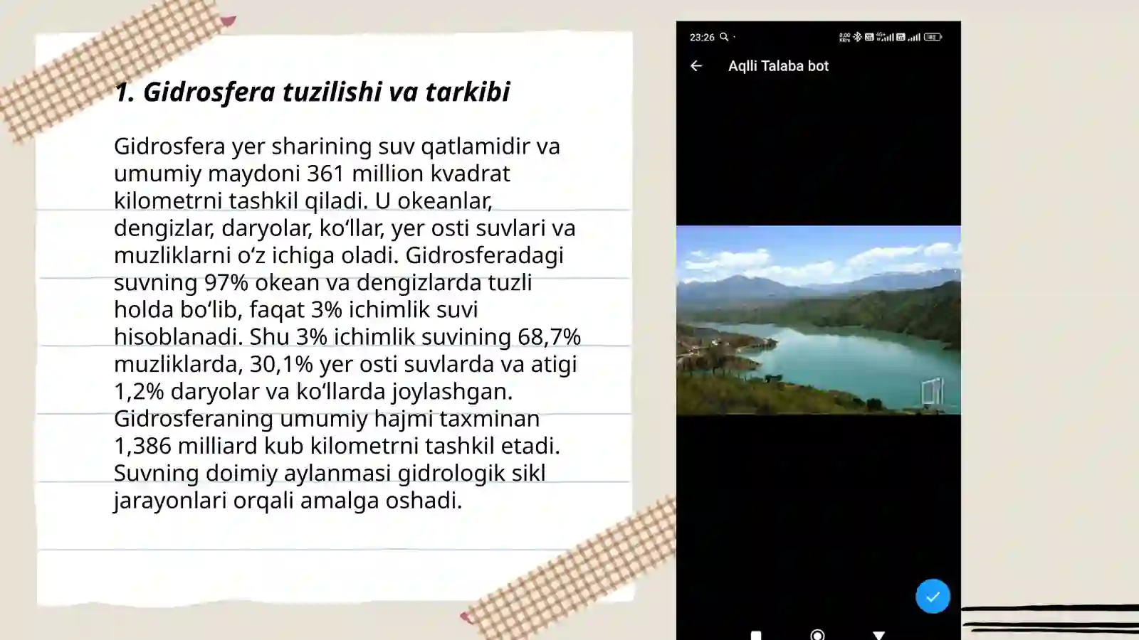Yerning Gidrosfera qobig’ining tuzilishini o’rganish. Yer sharidagi chuchuk suv zahiralari va ulardan oqilona foydalanish. Yer yuzidagi okean, dengiz,daryo suvlari 3
