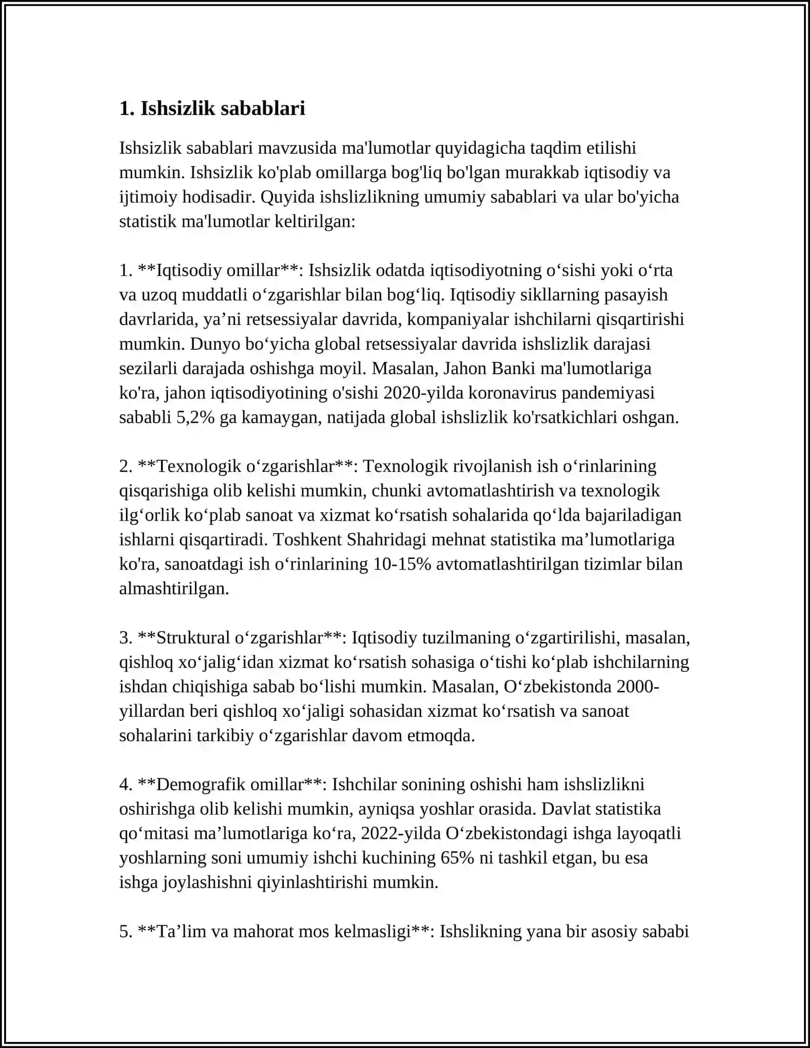 BANDLIK MUAMMOLARI VA ISHSIZLIK DARAJASI TAHLILI 3