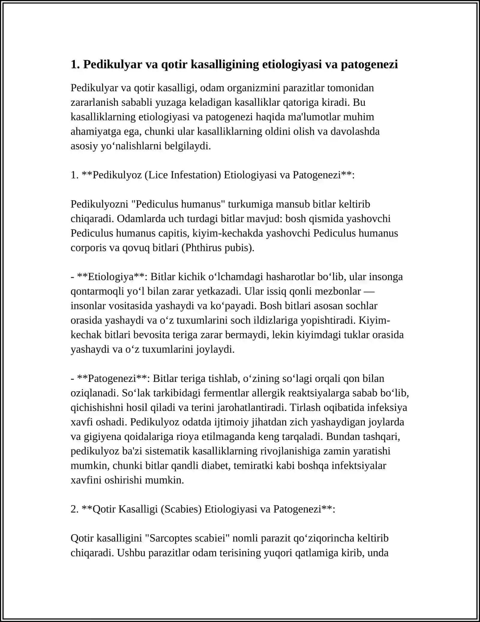 REFERAT:PEDIKULYAR VA QOTIR KASALLIGI DAVOLASH VA KASALLIGINING EKOLOGIYASI 3