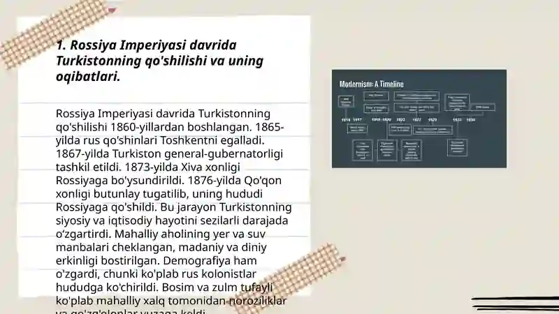 Rossiya imperyasi va sovet hukmronligi davrida o'lkadagi ijtimoiy-iqtisodiy, siyosiy va ma'naviy jarayonlar. 3