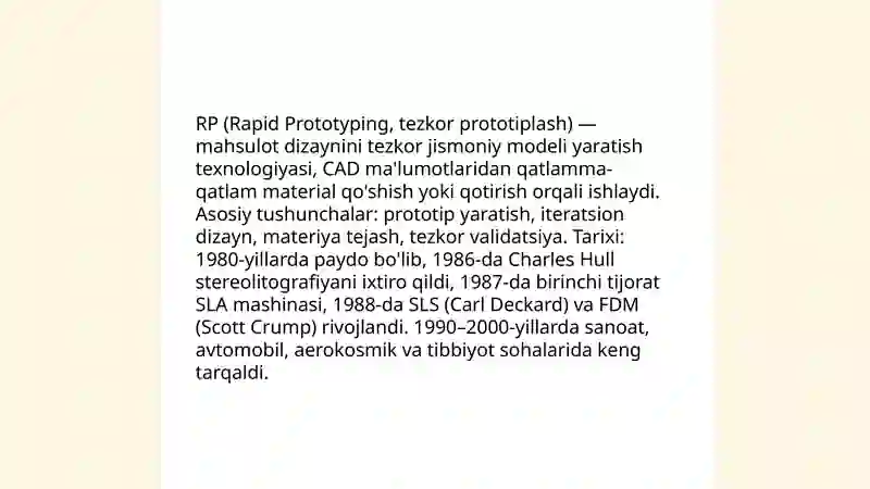 RP (Rapid Prototyping, tezkor prototiplash) 3