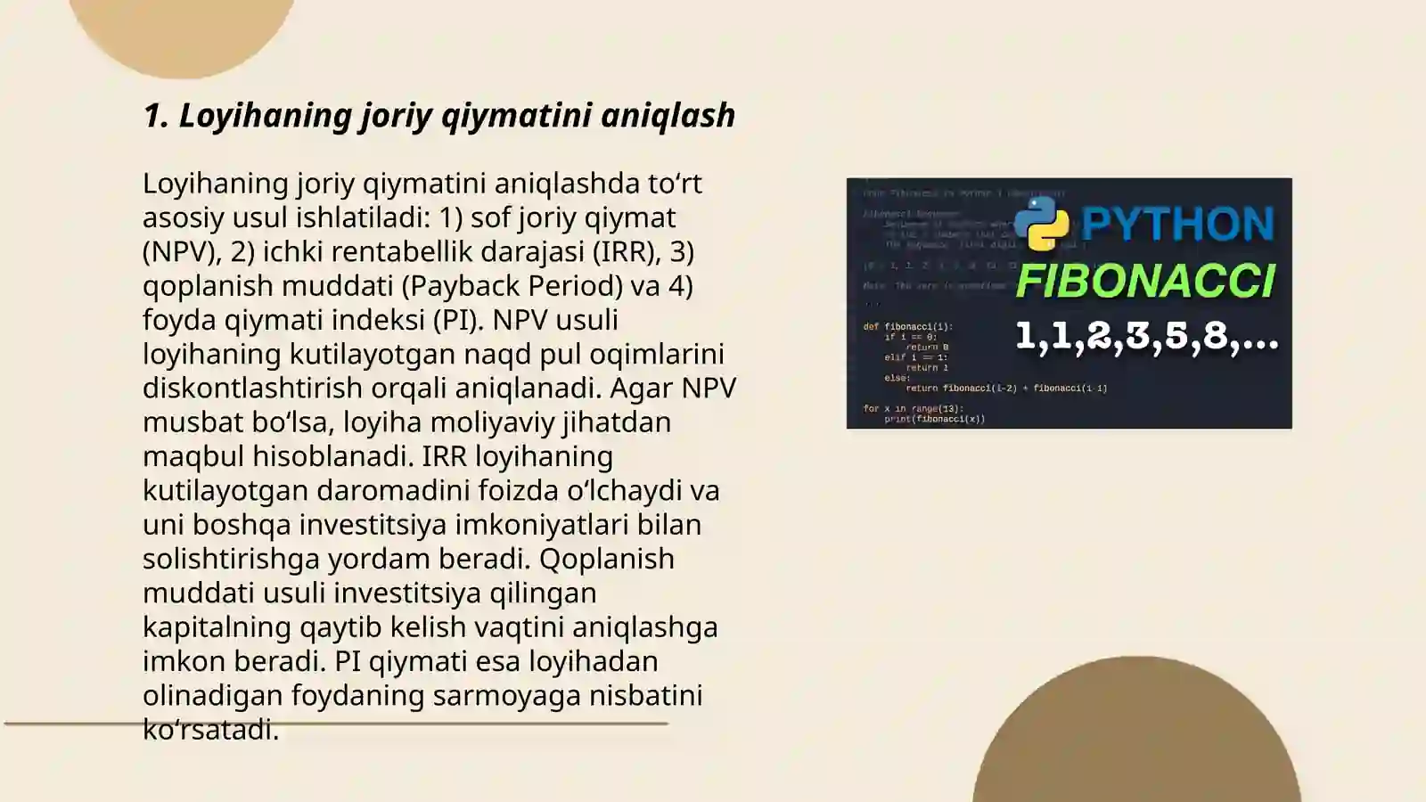 Loyihani sof joriy qiymati va loyihani amalga oshirishga qpyiladigan talablar 3