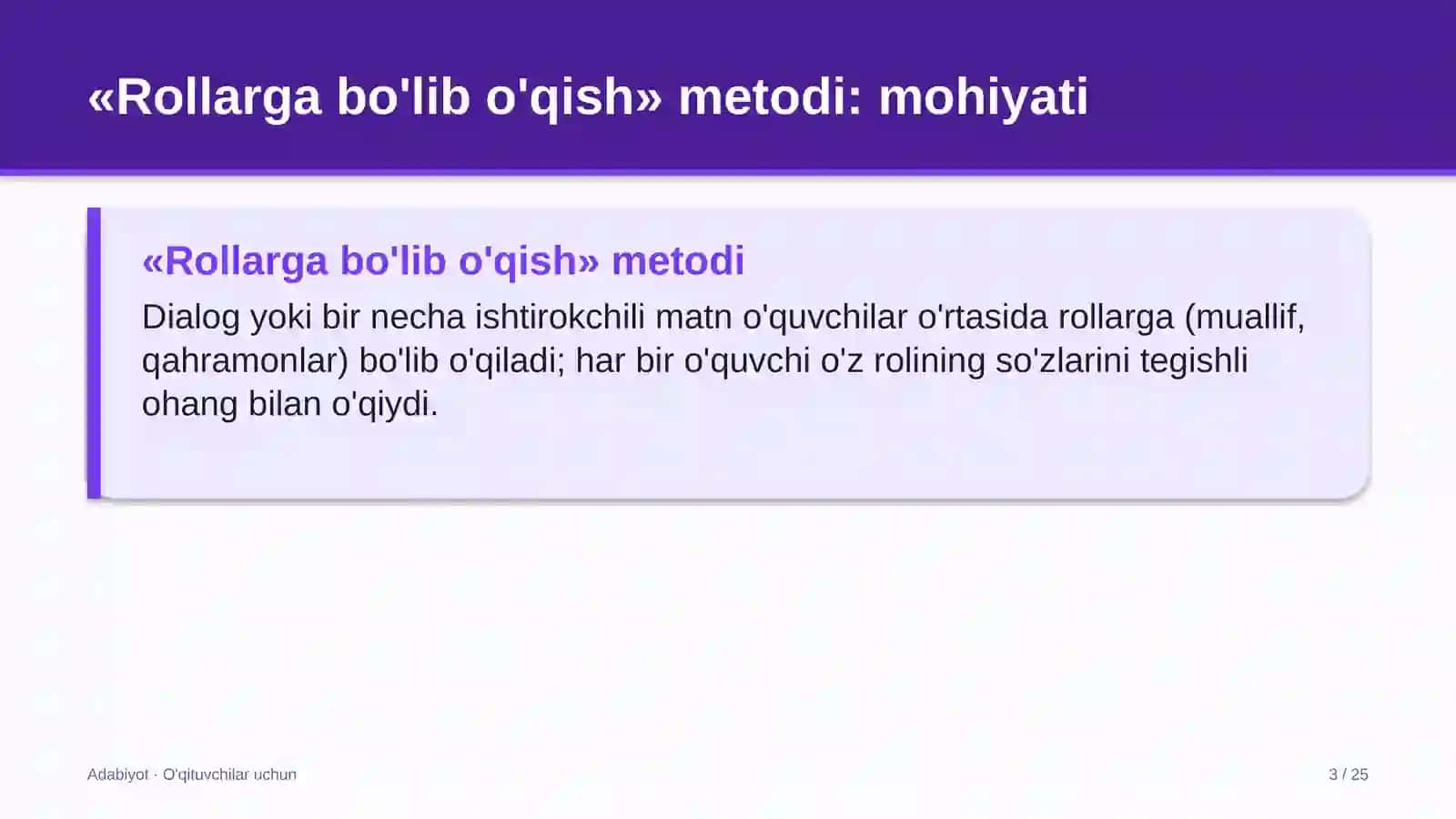adabiyot darslarida rollarga bo'lib o'qish metodidan foydalanish 4222 3
