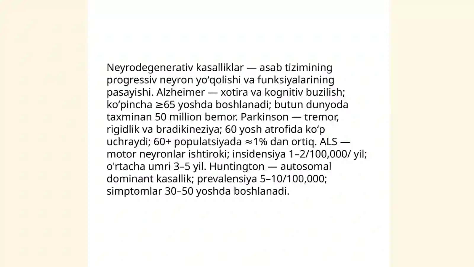 Neyrodegenerativ kasalliklar - sabablari, belgilari, diagnostikasi, davolash va oldini olish 3