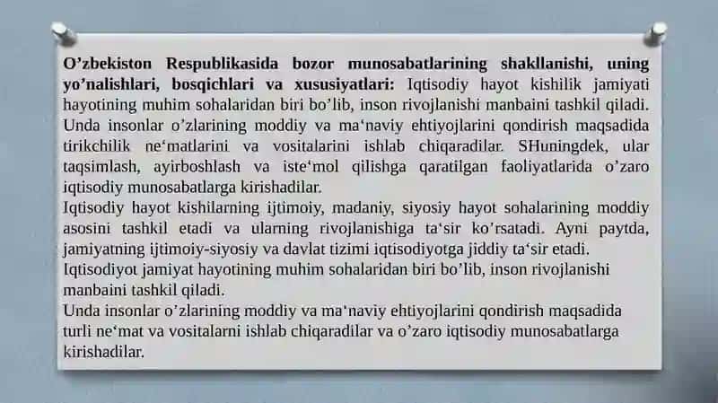 Mavzu: O’ZBEKISTONDA IQTISODIY ISLOHOTLARNING AMALGA OSHIRILISHI, BOZOR MUNOSABATLARINING SHAKLLANISHI 3