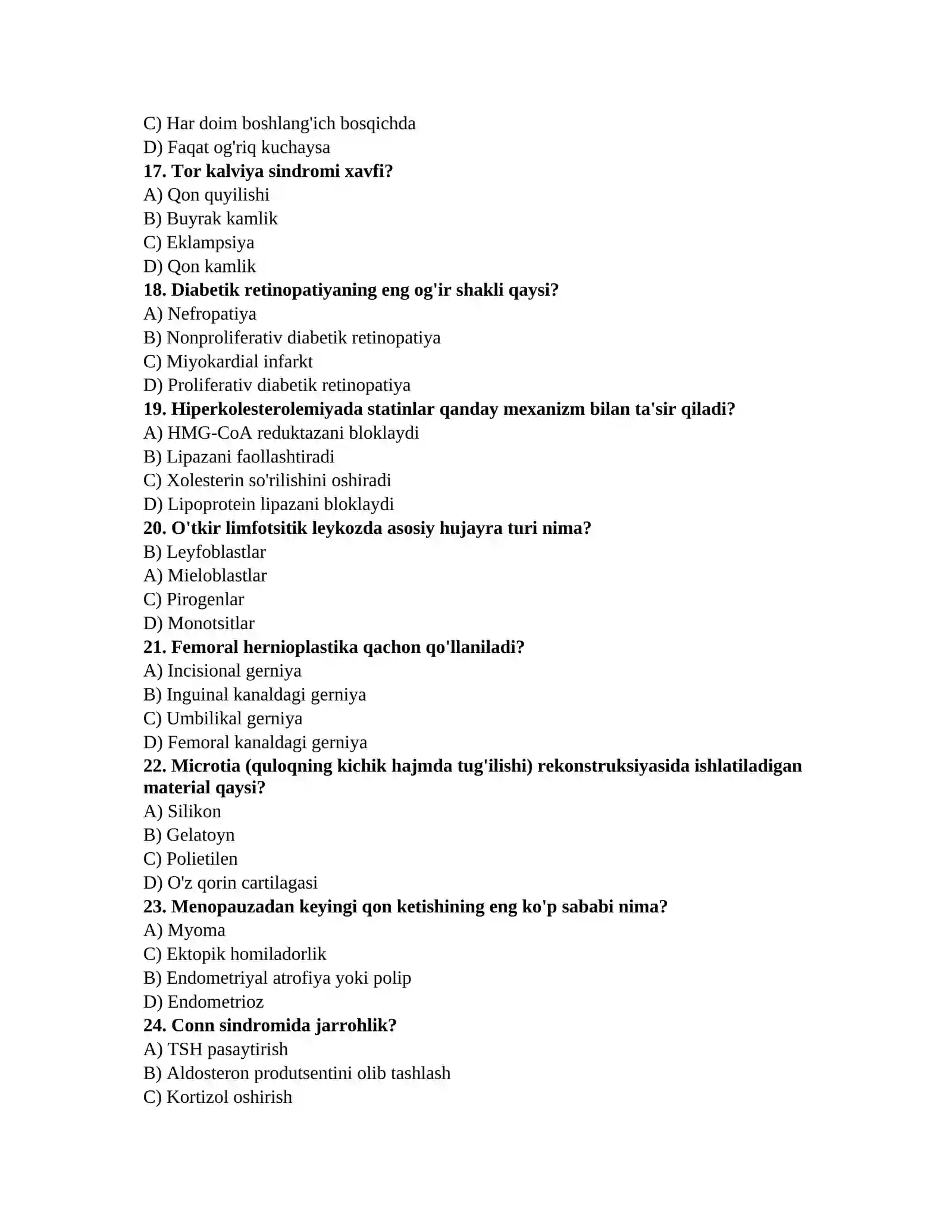 Mutaxassislik imtihon savollari (Terapiya, Jarrohlik, Akusherlik-ginekologiya) 3