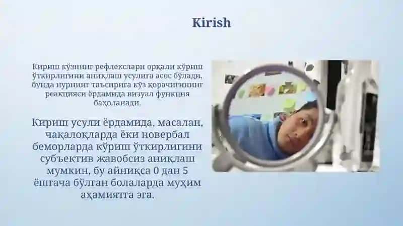 Kuzatish uchun qorachiq reflekslarining ko'z o'tkirligini aniqlash 3