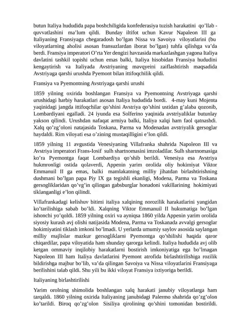 ITALIYA VA GERMANIYANING BIRLASHTIRILISHI. FRANSIYA-PRUSSIYA URUSHI VA UNING NATIJALARI. XVI-XVIII ASRLARDA AFRIKA XALQLARI 3