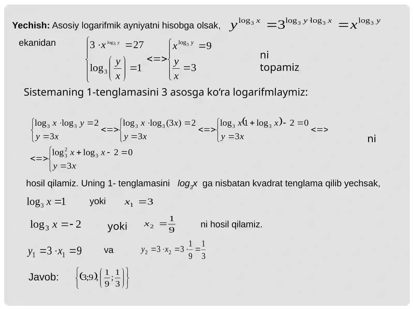 Ko’rsatkichli va logarifmik tenglamalarni sistemasiga oid misollar yechish 3