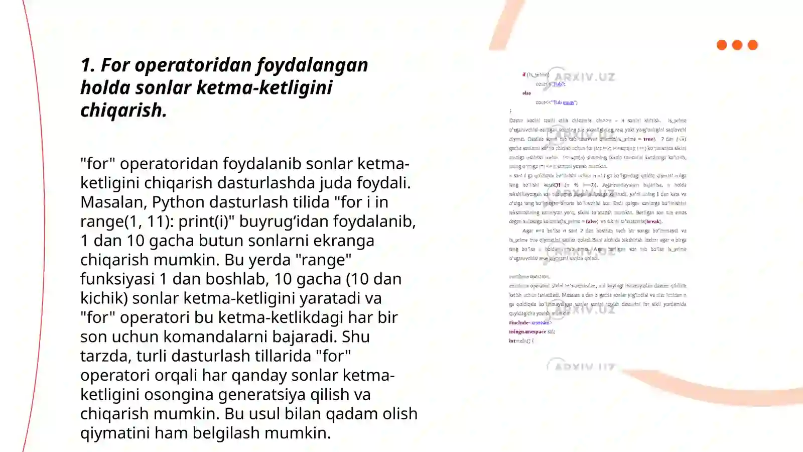 Takrorlanuvchi algoritmlarni dasturlash ( for operatori) 3