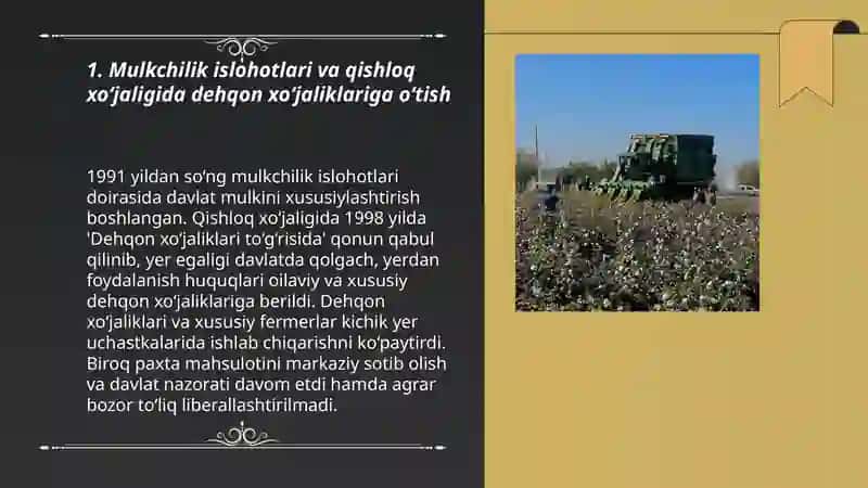 Mustaqillik yillarida qishloq xoʻjaligi va sanoat sohasidagi oʻzgarishlar 3