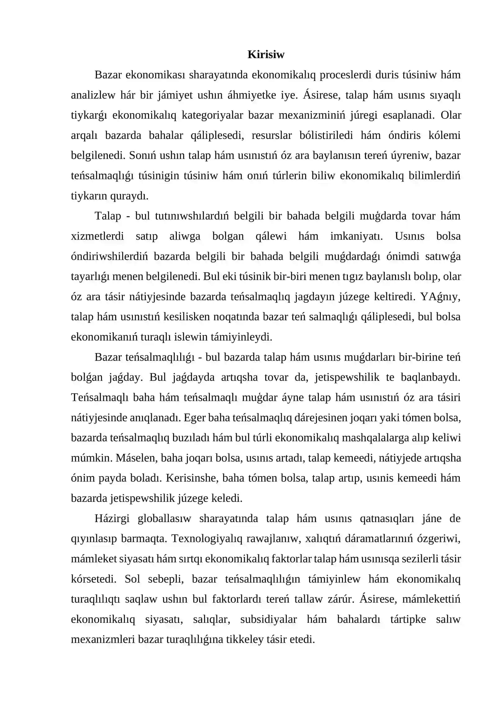 Talap hám usınıstıń óz ara baylanıslılıǵı. Bazar teńsalmaqlılıǵı hám oniń túrleri 3