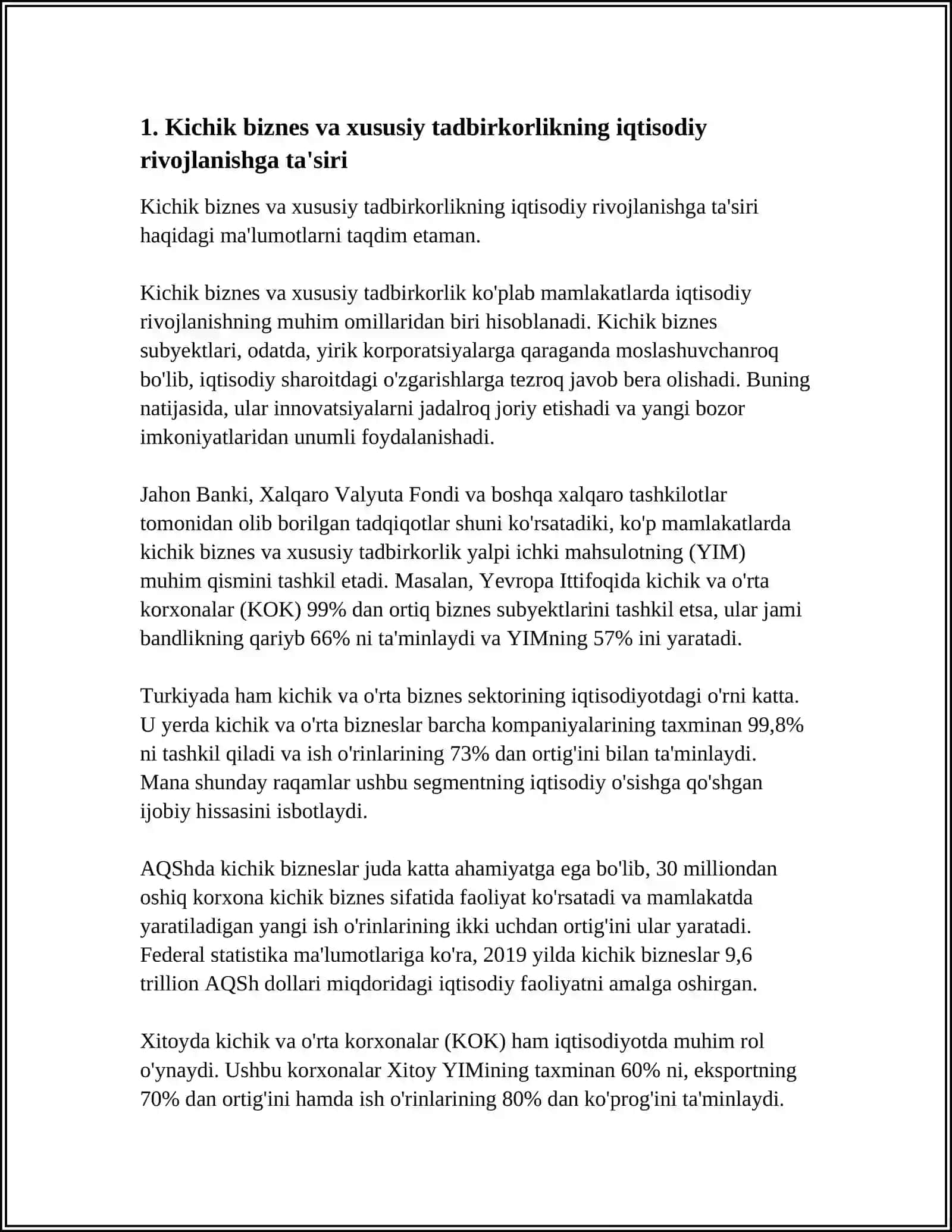 IQTISODIY O‘SISHNI TA‘MINLASHDA KICHIK BIZNES VA XUSUSIY TADBIRKORLIKNING AHAMIYATINI IZOHLANG 3