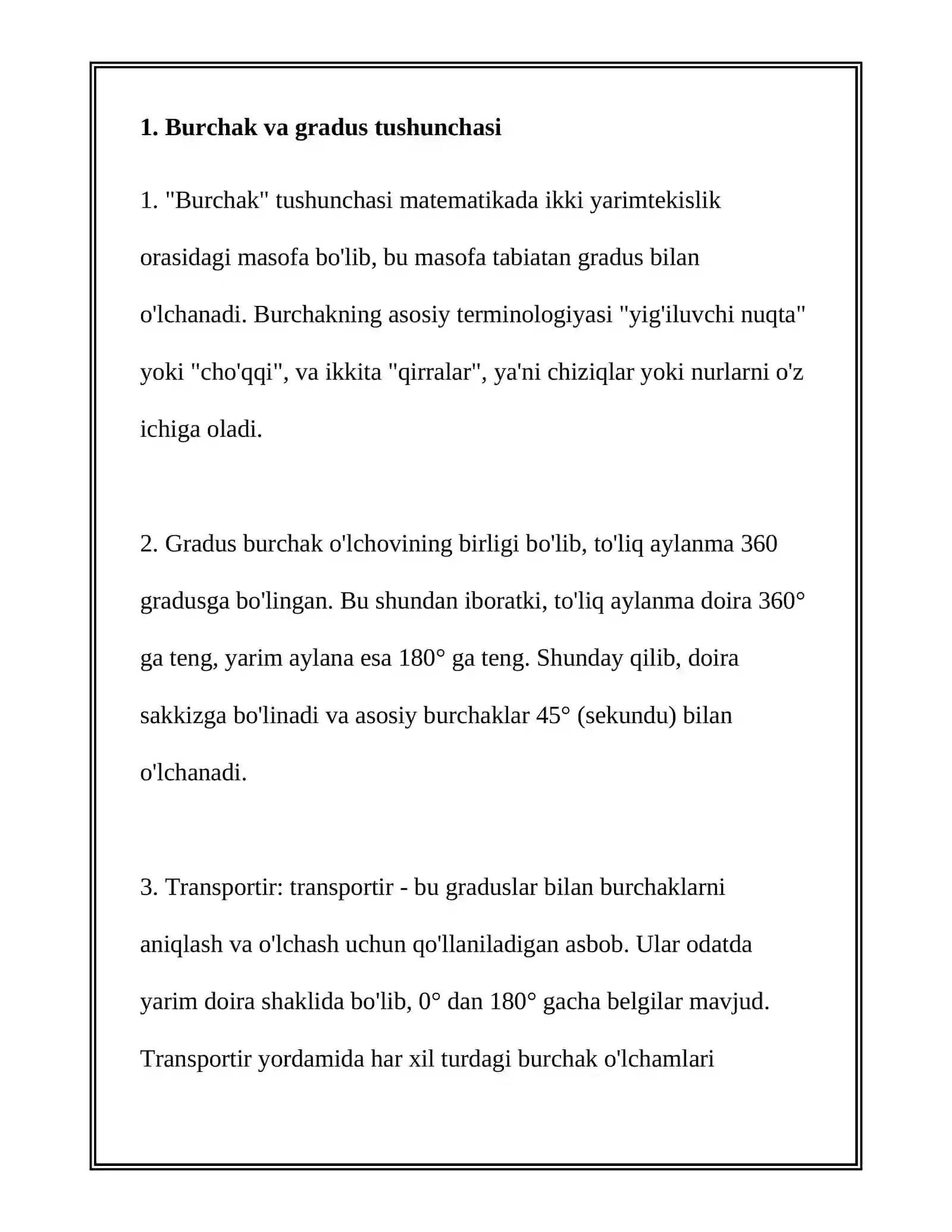 BURCHAK GRADUSI. 30, 45, 60, 90 GRADUSLI BURCHAKLARNI TRANSPORTIR YORDAMIDA O'LCHASH. SOAT MILLARI. SHAKLLARNI BURISH. BURCHAK SIMMETRIYASI. SIMMETRIK SHAKLLAR. SIMMETRIYA O'QLARINI TOPISH. KOʻPYOQ MODELLARI VA ULARNING ELEMENTLARI 3