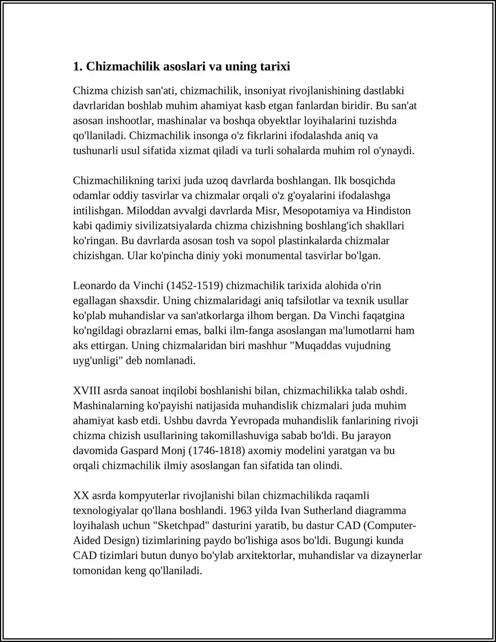 CHIZMA GEOMETRIYA VA MUHANDISLIK GRAFIKASI FANINING NAZARIY MASHGʻULOTLARI MAZMUNI YORITUVCHI REFERAT TAYYORLASH 3