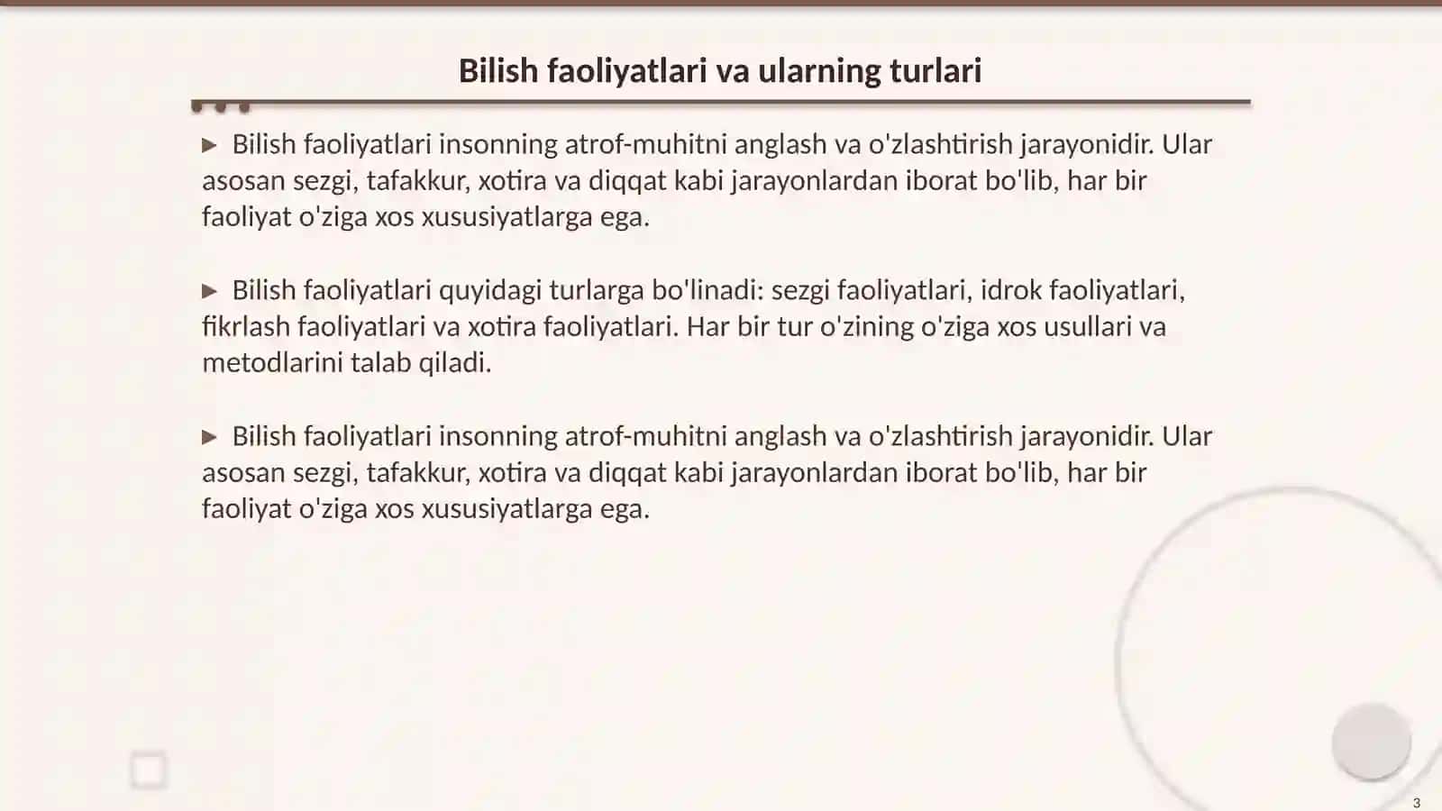 Bilish faoliyatlari. Diqqat 3