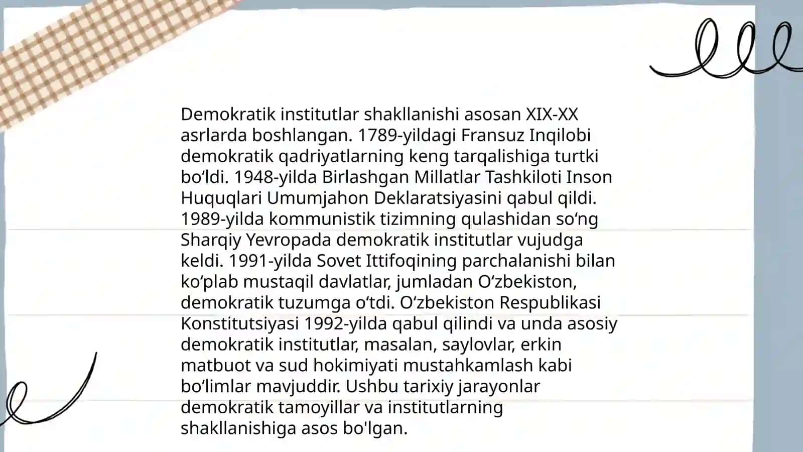 O'zbekistonda demokratik fuqprolik jamiyati asoslarining shaklanishi.amalga oshirilgan 3