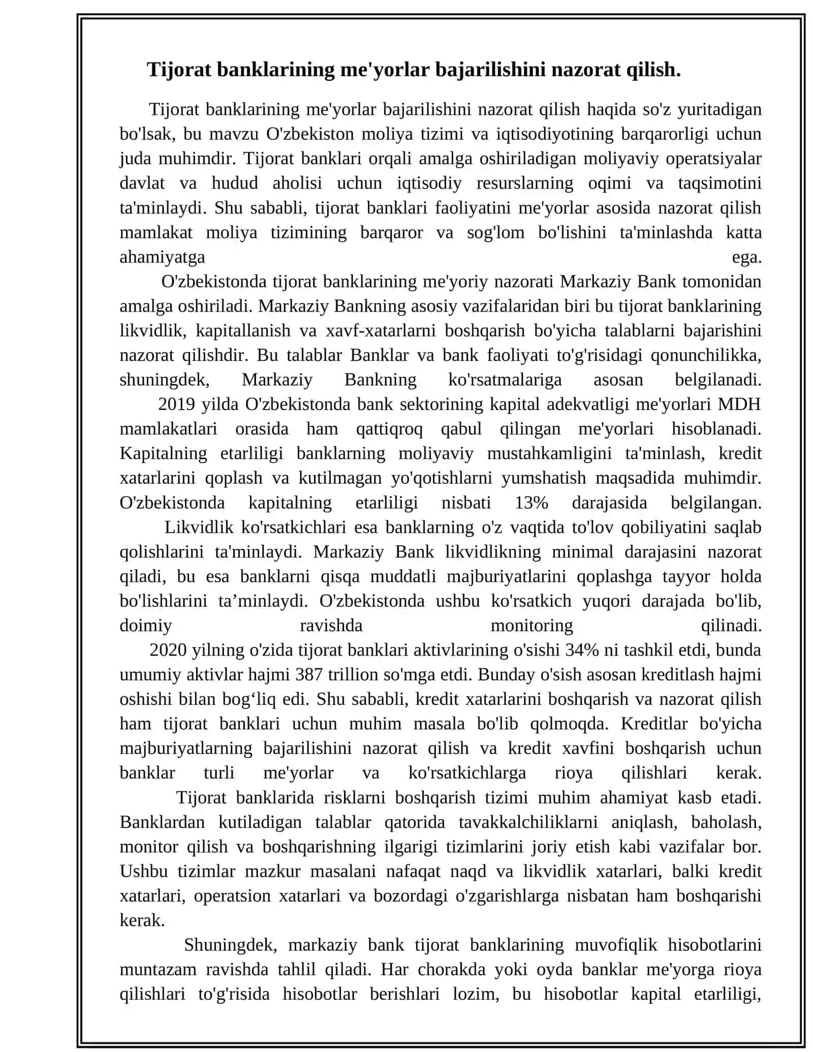 TIJORAT BANKI TOMONIDAN MARKAZIY BANK MEYORLARINING BAJARISH HOLATI, BIA 98-2 GURUH 3