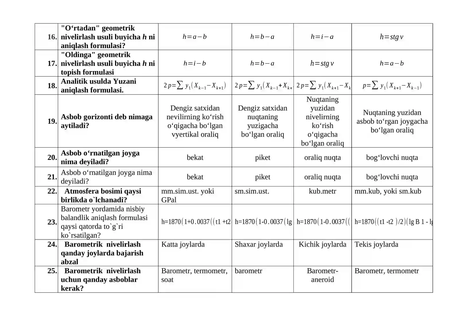 Injenyerlik geodeziyasi fanidan 1-kurs talabalari uchun test materiallari 3