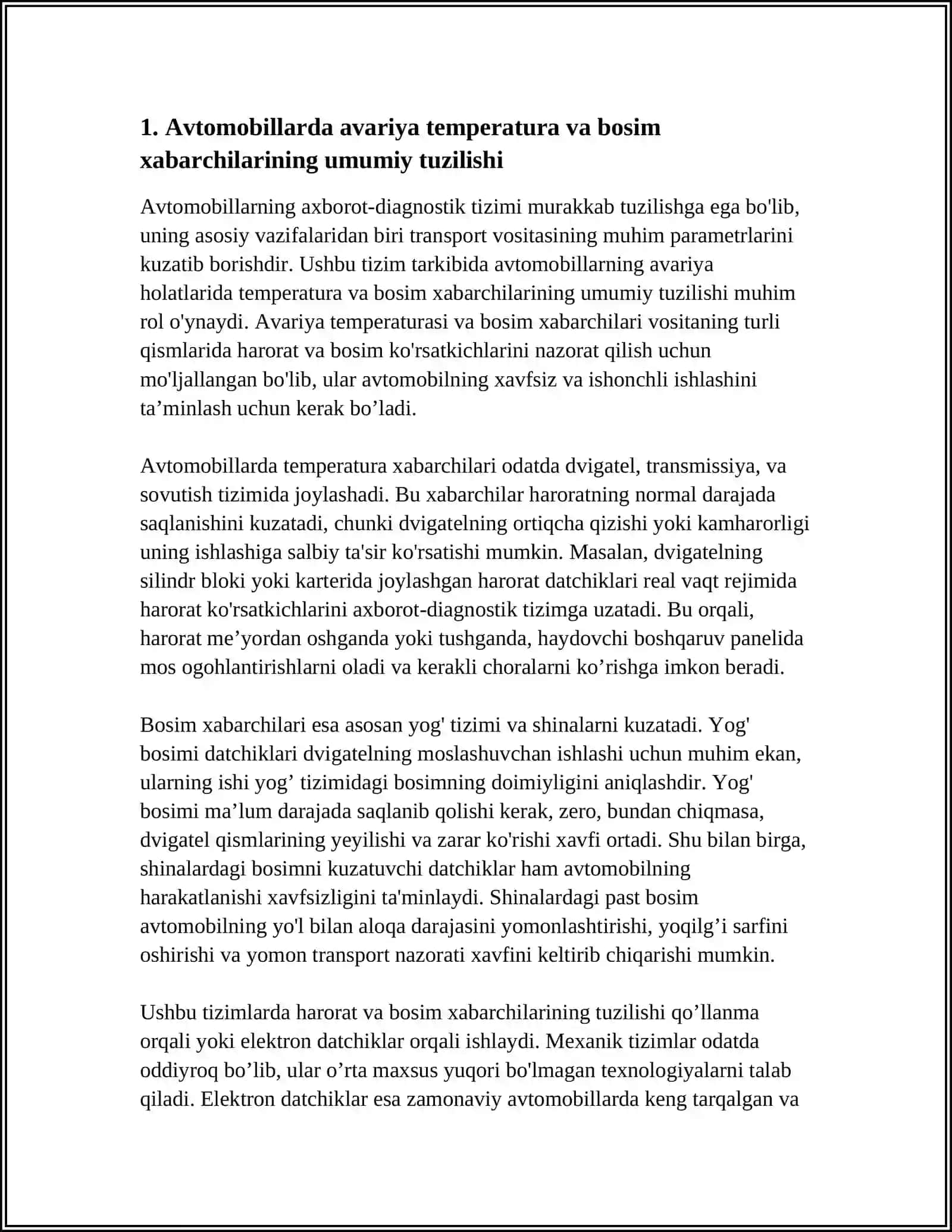 AVTOMOBILLARNING AXBOROT-DIAGNOSTIK TIZIMI.AVARIYA TEMPERATURA VA BOSIM XABARCHILARINING TUZILISHI VA ISHLASHI 3