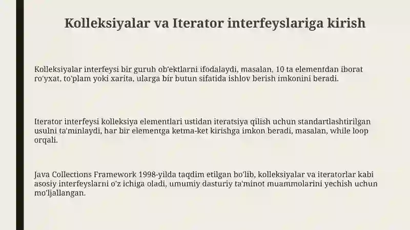 Kolleksiyalar va Iterator interfeyslariga kirish 3
