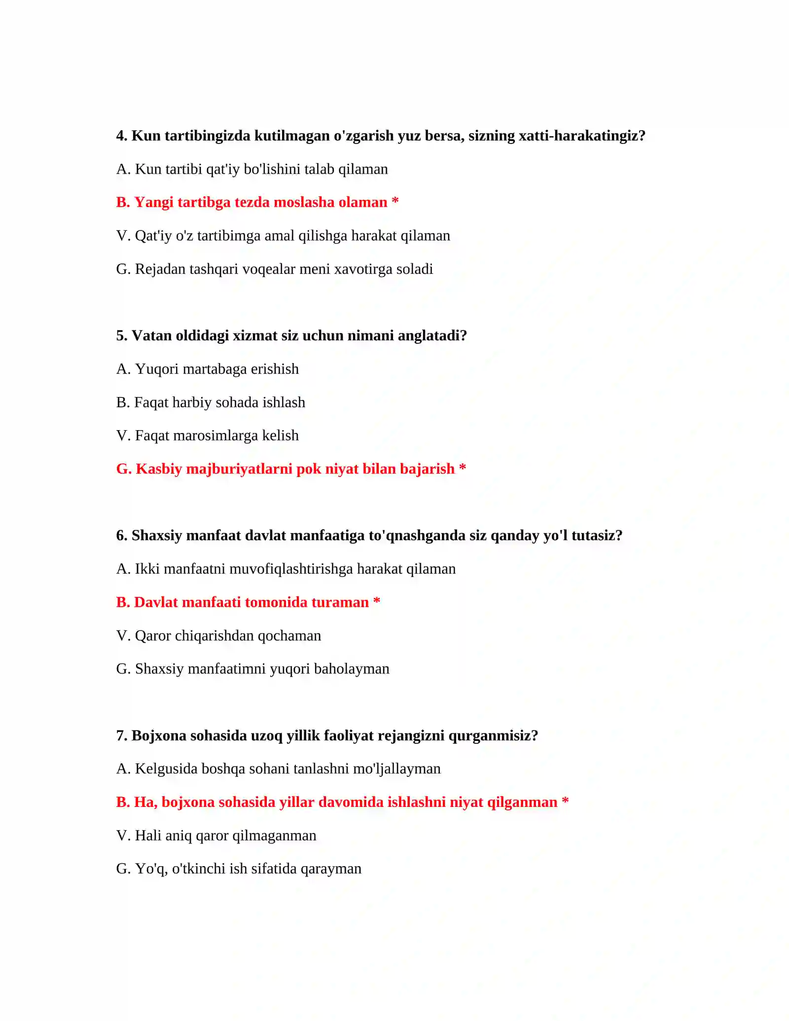 Bojxona ishga kirish psixologik test savollari 3