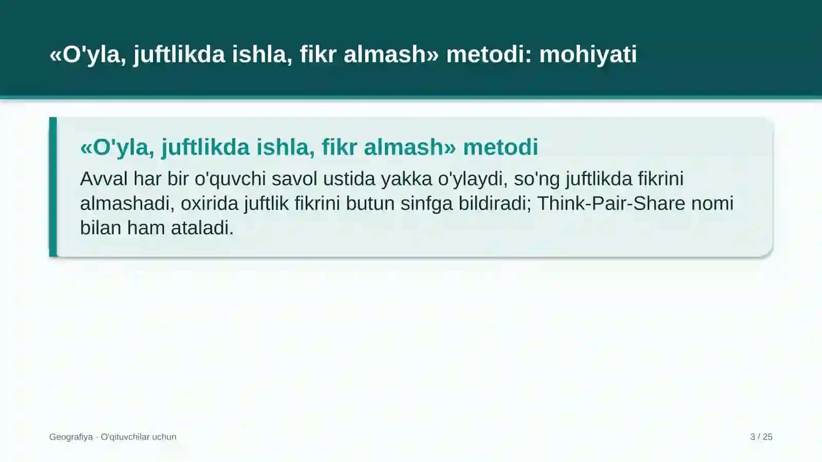 geografiya darslarida o'yla juftlikda ishla fikr almash metodidan foydalanish 1813 3