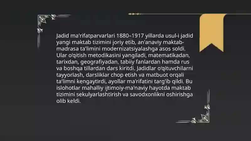 Jadid ma'rifatparvarlarining o‘lka ijtimoiy-ma’naviy hayotida tutgan o‘rni 3