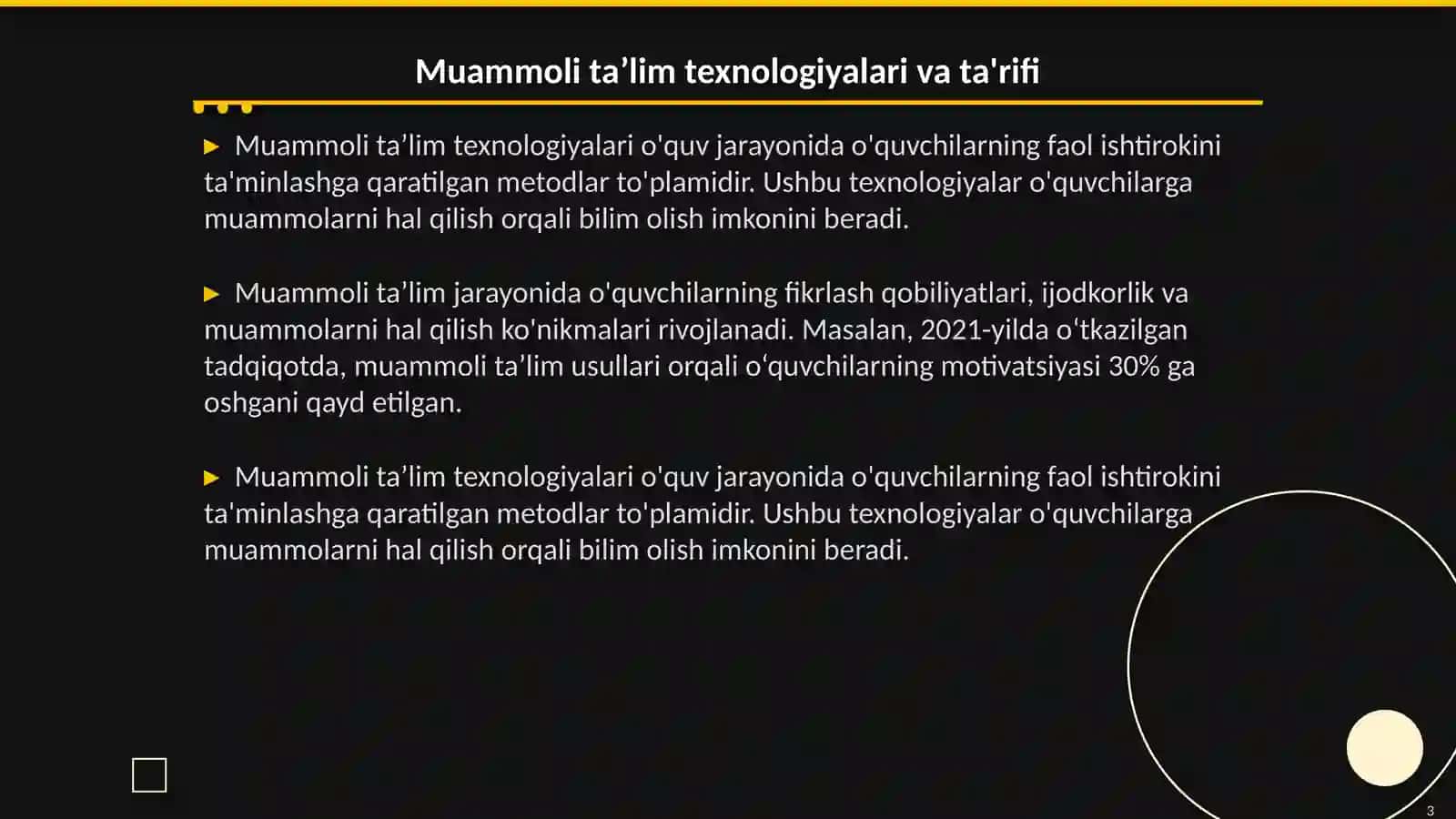 5-amaliy mashg‘ulot: Ona tili va o’qish savodxonligi fanini o’qitishda muammoli ta’lim texnologiyalardan foydalangan holda dars ishlanmasi tayyorlash 3