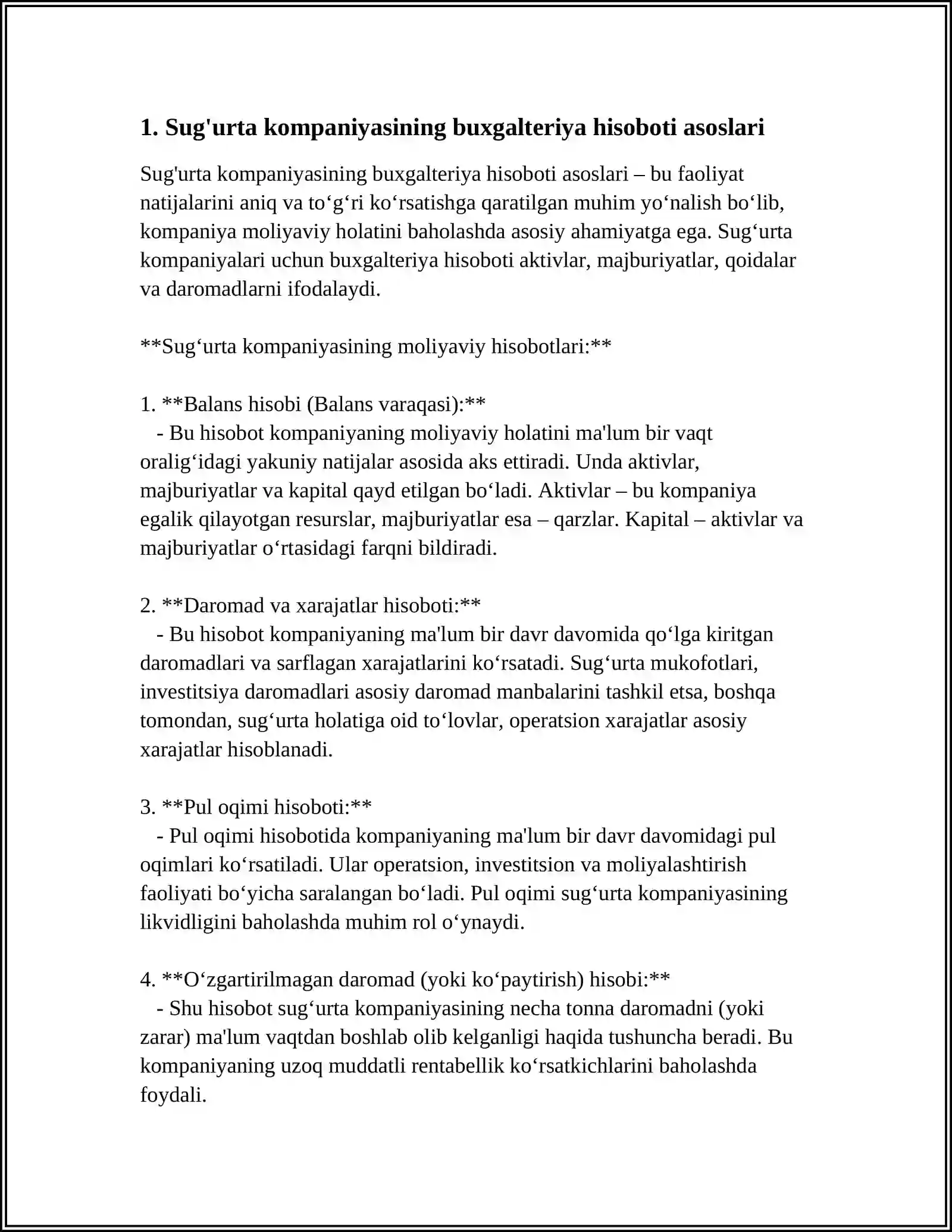 SUGʼURTA KOMPANIYASINING BUXGALTERIYA HISOBOTINING TUZILISHI: BALANS, MOLIYAVIY NATIJALAR TOʼGʼRISIDAGI HISOBOT VA BOSHQALAR 3