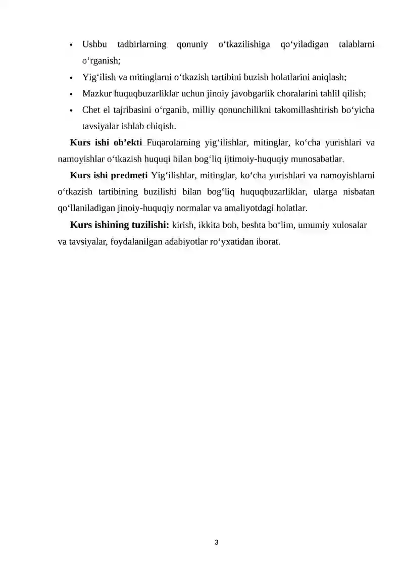 YIG‘ILISHLAR, MITINGLAR, KO‘CHA YURISHLARI YOKI NAMOYISHLAR UYUSHTIRISH, O‘TKAZISH TARTIBINI BUZISHNING JINOIY-HUQUQIY XUSUSIYATLARI 3