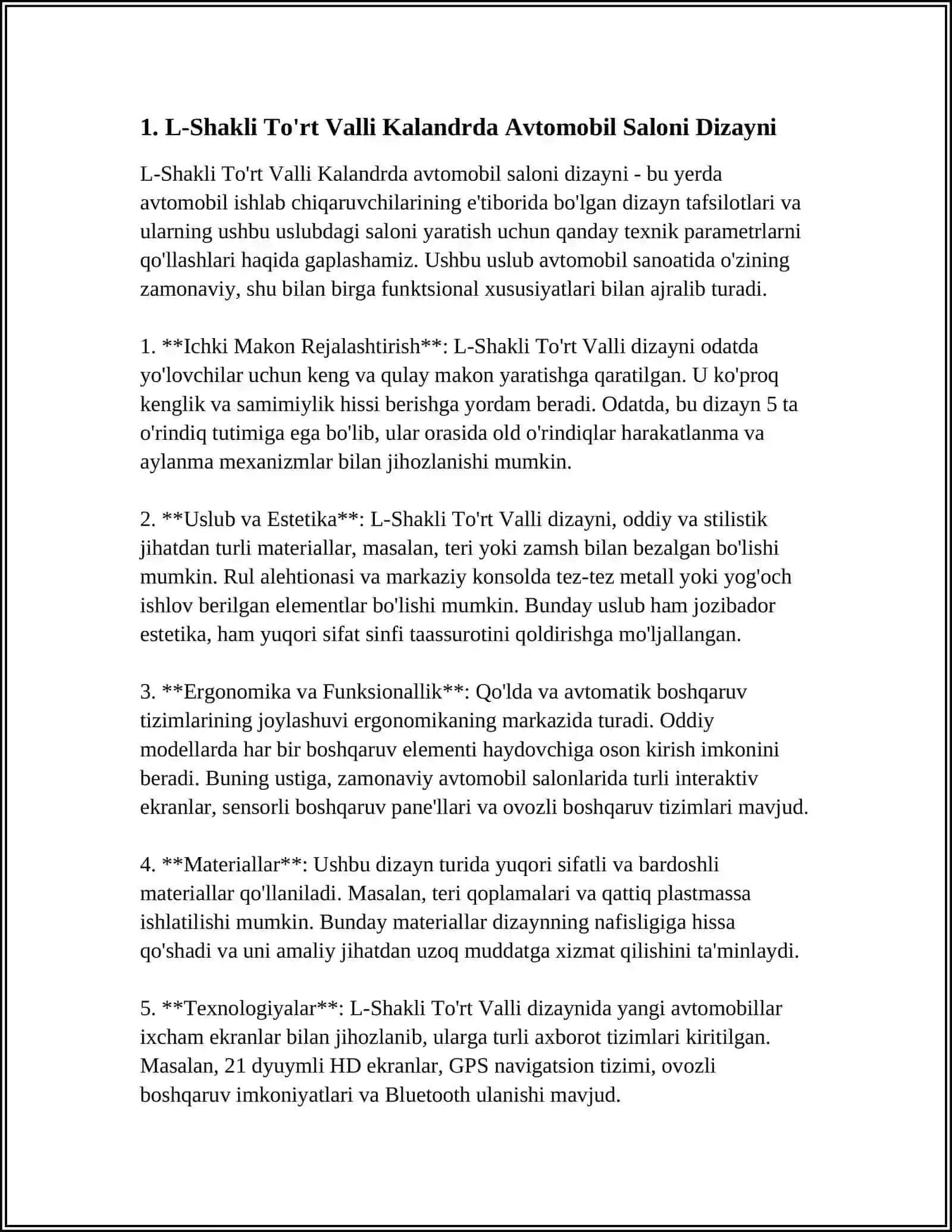 L-SHAKLI TO’RT VALLI KALANDRDA AVTOMOBIL SALONING AVTOPOLIGINI ISHLAB CHIQARISH 3