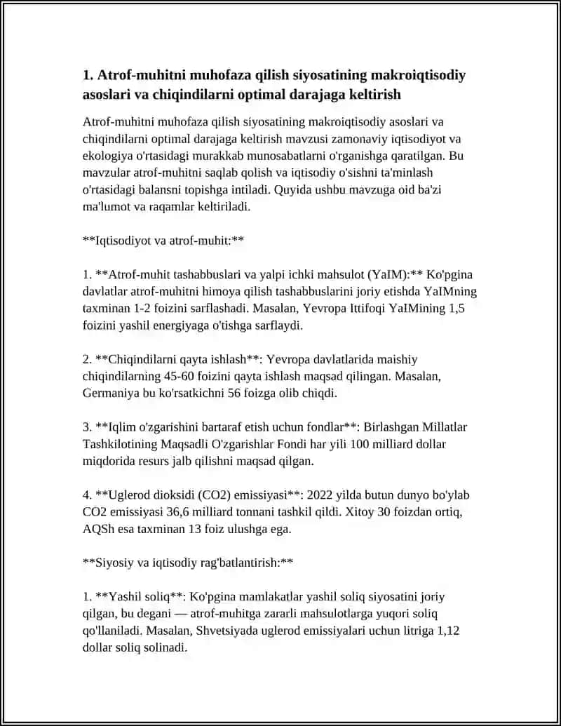 ATROF MUHITNI MUHOFAZA QILISH SIYOSATI VA CHIQINDILARNING OPTIMAL DARAJASINI ANIQLASH 3