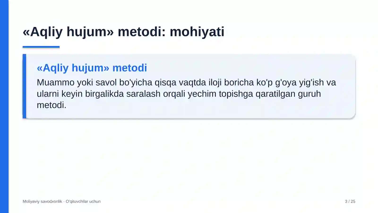 moliyaviy savodxonlik darslarida aqliy hujum metodidan foydalanish 3850 3