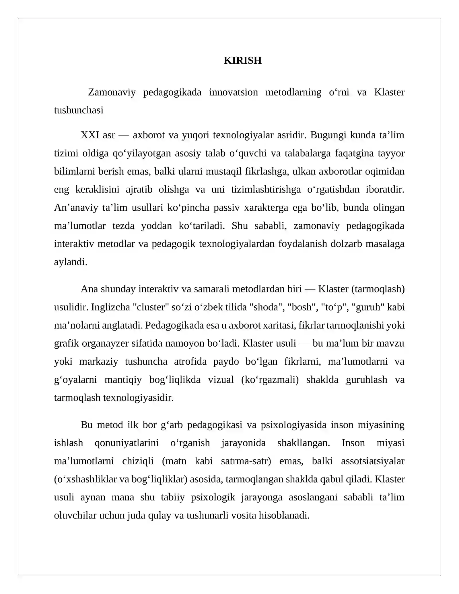 Klaster usulining o‘ziga xos xususiyatlari 3
