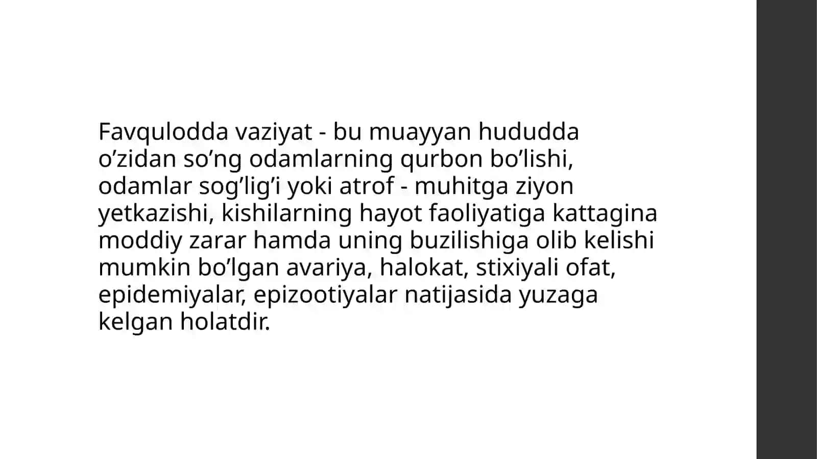 TАBIIY, TEXNOGEN, EKOLOGIK VA IJTIMOIY TUSDAGI FAVQULOTDA VAZIYATLARDA HAYOT FAOLIYATI XAVFSIZLIGI VA FUQARO MUHOFAZASI 3