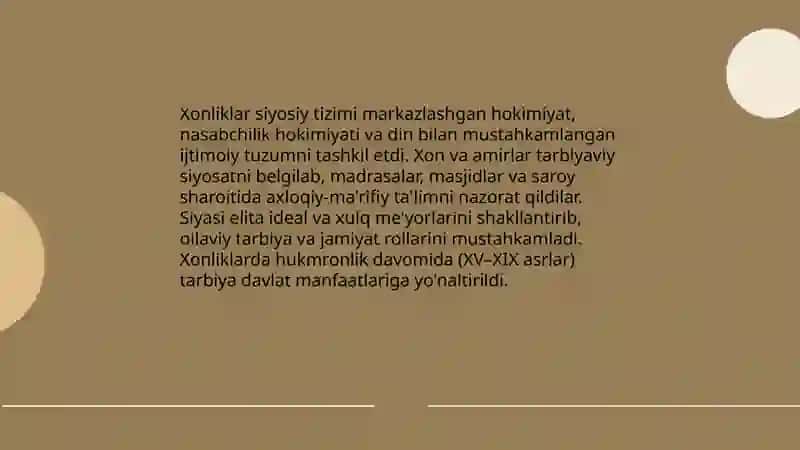 Xonliklar davridagi ijtimoiy-siyosiy muhitning tarbiyaga ta'siri 3
