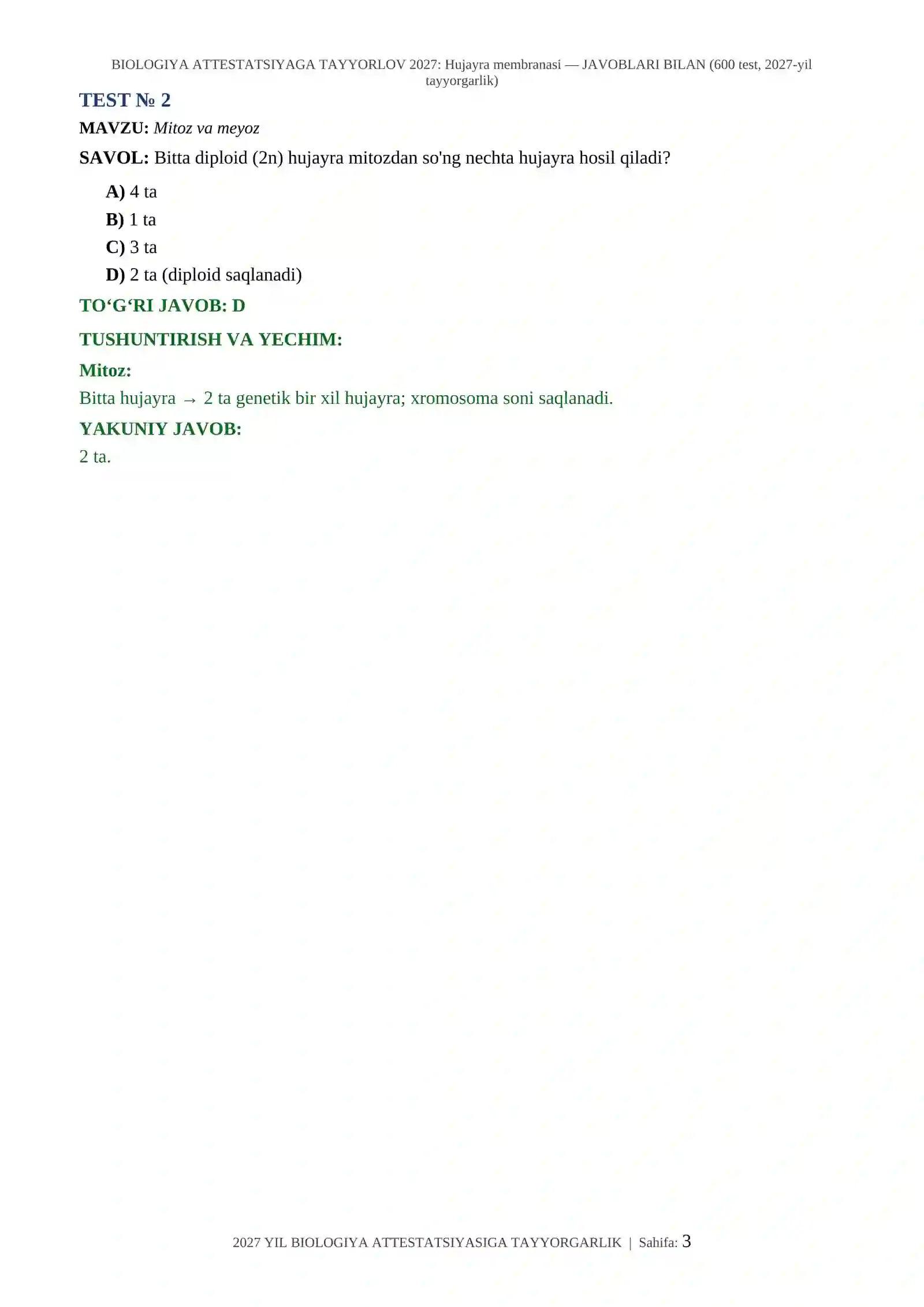BIOLOGIYA ATTESTATSIYAGA TAYYORLOV 2027: Hujayra membranasi — JAVOBLARI BILAN (600 test, 2027-yil tayyorgarlik) 3