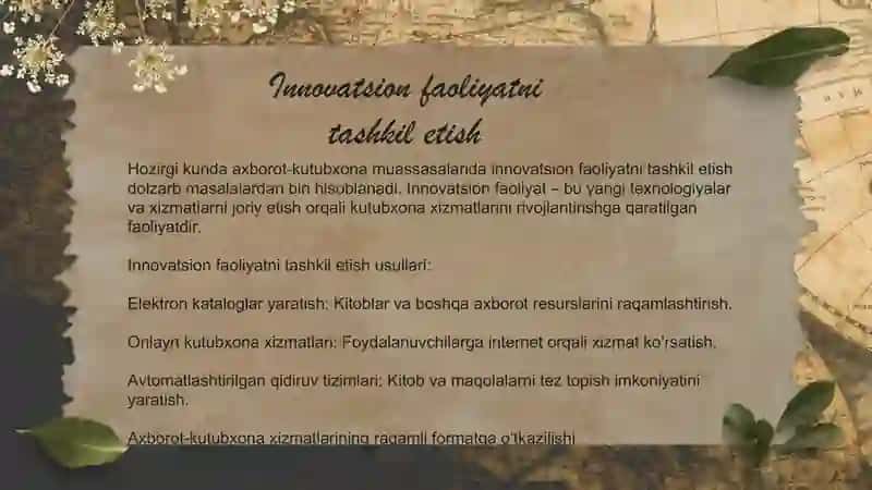 Kutubxona-axborot muassasalarida innovatsion faoliyatni tashkil etish va aholiga axborot-kutubxona xizmati ko'rsatishni takomillashtirishda innovatsion yondashuv 3