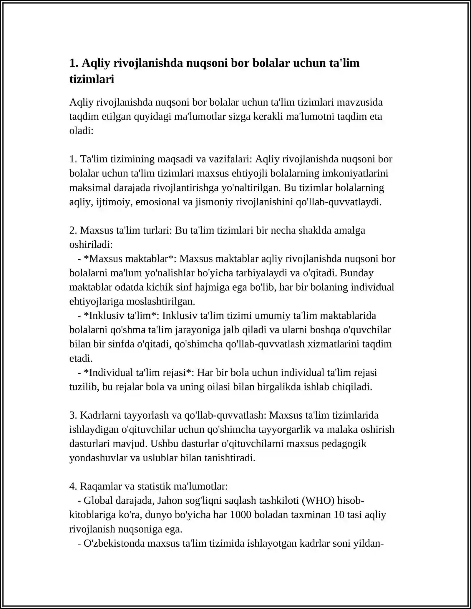 Aqliy rivojlanishda nuqsoni bor bolalar uchun ta'lim tizimlari 3