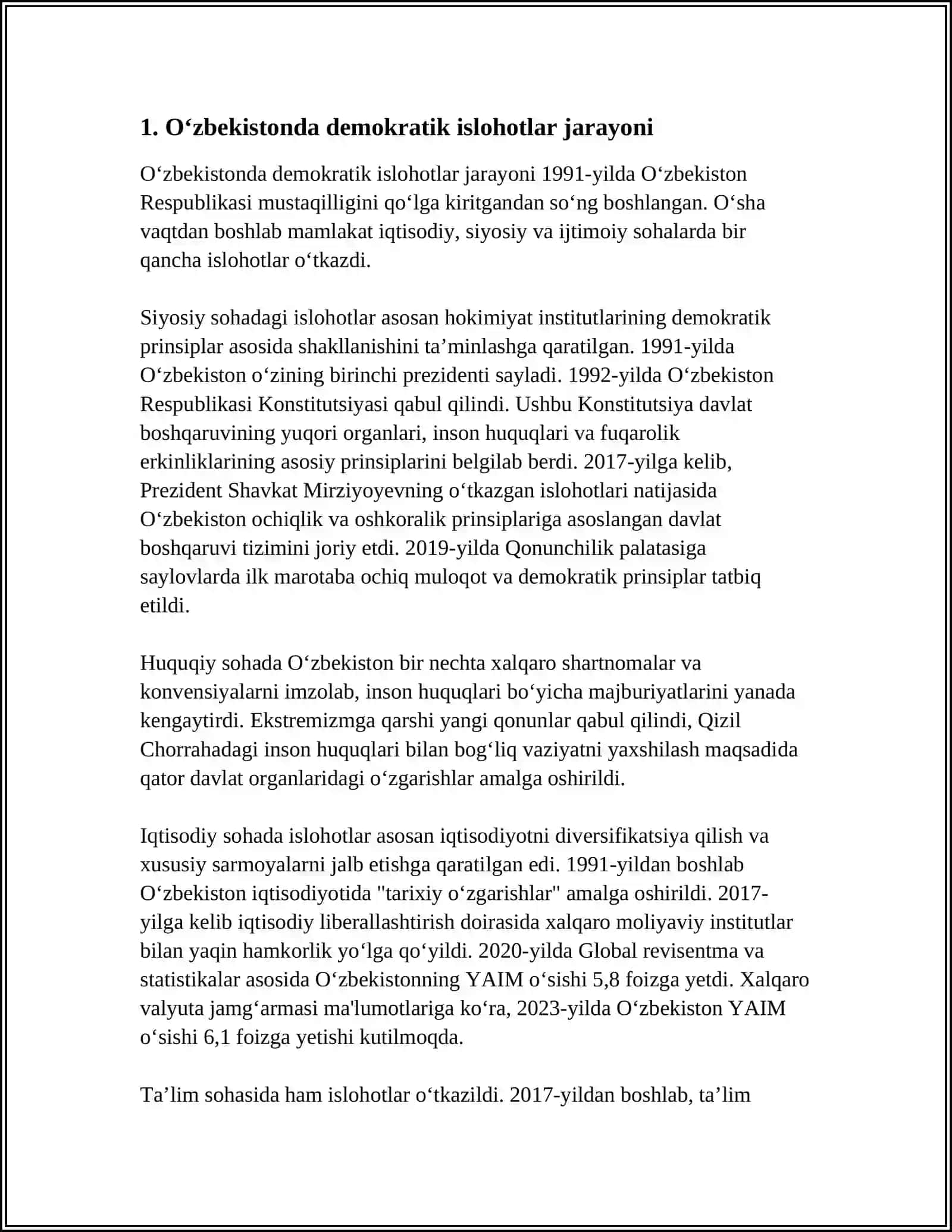 MUSTAQIL ISH Mavzu: OʻZBEKISTONDA DEMOKRATIK, FUQAROLIK JAMIYATI ASOSLARINING SHAKLLANTIRILISHIGA, AMALGA OSHIRILGAN SIYOSIY ISLOHOTLAR 3