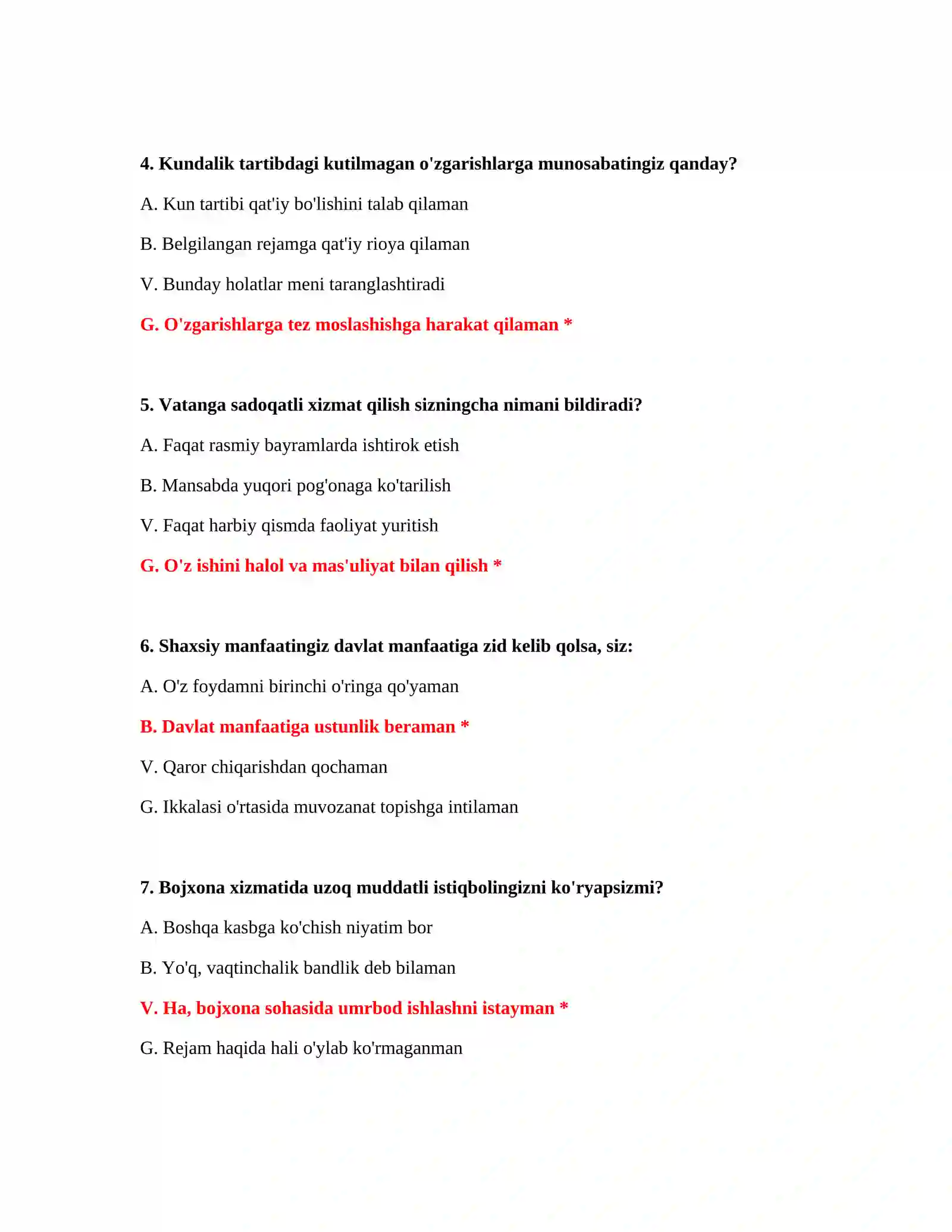 Bojxona nomzodlari uchun test savol javoblari 3