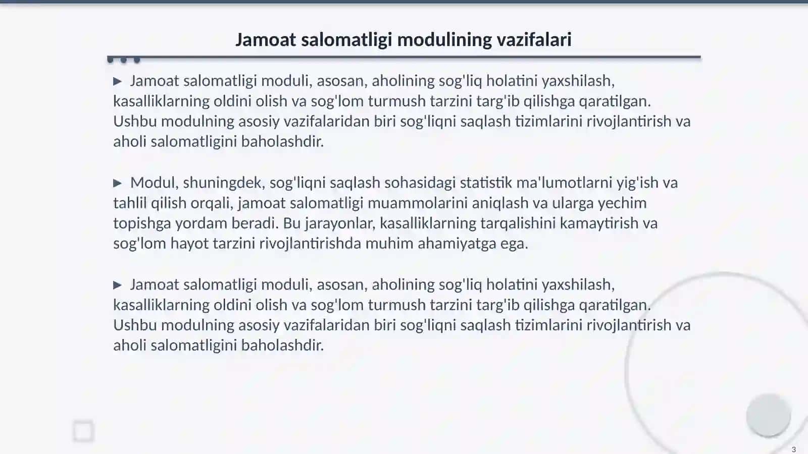 Jamoat salomatligi va sog'liqni tashkil etish moduli 3
