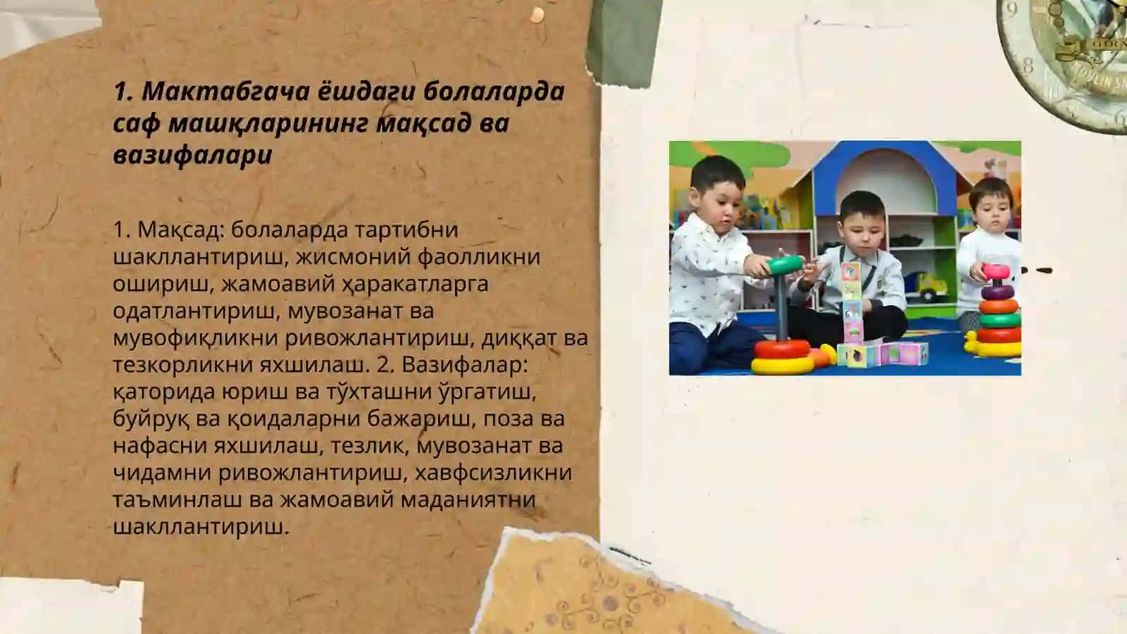 Мактабгача ёшдаги болаларга саф ва умумривожлантирувчи машкларни бажариш 3