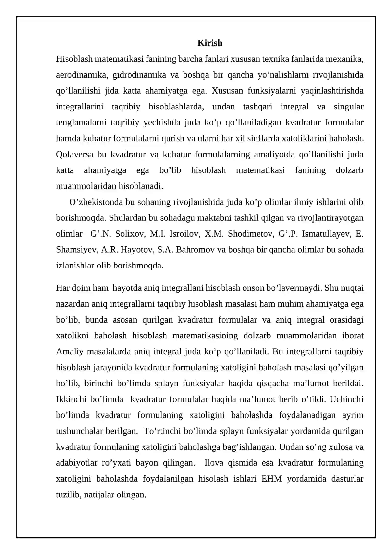 Splayn funksiyalar yordamida kvadratur formula qurish 3