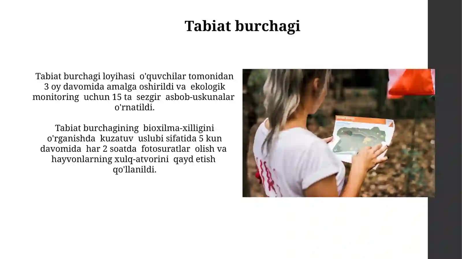 Geografiya maydonchasi, tirik tabiat burchagi, metodikasi. Kuzatish usullarini o'rganish 3
